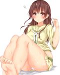  :t bare_legs barefoot beige_shirt beige_skirt blush breasts brown_hair closed_mouth eyebrows eyebrows_visible_through_hair feet foreshortening highres kantai_collection knees_up long_hair looking_at_viewer medium_breasts neckerchief ooi_(kantai_collection) panties pantyshot pantyshot_(sitting) pikacchi pout red_eyes school_uniform serafuku shiny shiny_skin short_sleeves sitting skirt sleeve_cuffs soles solo squiggle sweat tareme toes underwear upskirt white_panties 