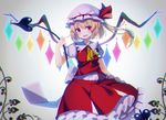  :d ascot blonde_hair blush chromatic_aberration commentary_request crystal fang flandre_scarlet frilled_shirt_collar frills hat hat_ribbon highres koto_seori laevatein looking_at_viewer mob_cap open_mouth puffy_short_sleeves puffy_sleeves red_eyes red_ribbon red_skirt ribbon short_sleeves side_ponytail skirt skirt_set smile solo touhou v-shaped_eyebrows wings 