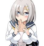  bad_id bad_nicoseiga_id between_breasts blue_eyes blush breasts eyes_visible_through_hair finger_sucking hair_ornament hair_over_one_eye hairclip hamakaze_(kantai_collection) highres ijima_yuu kantai_collection large_breasts long_sleeves looking_at_viewer no_gloves pleated_skirt school_uniform serafuku short_hair silver_hair skirt solo_focus 