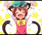  ^_^ animal_ears blush brown_hair cat_ears cat_tail chen closed_eyes ear_piercing fang hand_up hat makuran mob_cap multiple_tails open_mouth piercing short_hair solo star tail touhou two_tails 