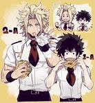  all_might bad_id bad_twitter_id bandages bandaid bandaid_on_face belt blonde_hair blue_eyes boku_no_hero_academia clenched_hands eating eyebrows food freckles green_hair grin hamburger male_focus midoriya_izuku multiple_boys muscle necktie oneul_haru pale_skin red_neckwear school_uniform simple_background smile teenage thick_eyebrows time_paradox twitter_username u.a._school_uniform what_if wristband yagi_toshinori yellow_background younger 