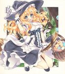  aqua_eyes basket blonde_hair blush bow braid broom broom_riding curiosities_of_lotus_asia hat hat_bow highres kirisame_marisa marker_(medium) mugicha_(mugicha0929) mushroom open_mouth side_braid solo touhou traditional_media witch_hat wrist_cuffs 