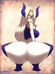  1girl ass bare_shoulders blonde_hair bodysuit boku_no_hero_academia breasts cameltoe closed_mouth domino_mask from_behind horns huge_ass large_breasts layerth long_hair looking_at_viewer looking_back mount_lady one_eye_closed red_eyes shiny shiny_hair sideboob skin_tight smile solo squatting wink 