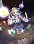  :d armlet atelier_(series) atelier_firis blue_skirt book boots breasts chair circlet cleavage firis_mistlud flask flower from_above gem globe green_eyes grey_hair kuromame_(honey_728) large_breasts leaf long_hair looking_at_viewer open_mouth pleated_skirt see-through sitting skirt smile solo thigh_boots thighhighs 