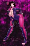 areola_slip areolae barefoot bodysuit breasts cesium drill_hair eyepatch fingerless_gloves gigantic_breasts gloves han_juri leaning_forward no_bra open_mouth purple_bodysuit solo street_fighter street_fighter_v toeless_legwear toenail_polish tongue tongue_out twin_drills 