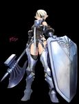  armor artist_name ass_visible_through_thighs axe ayaki bikini_armor boots collar commentary_request detached_sleeves eyepatch garter_straps gauntlets high_heel_boots high_heels highres leotard looking_at_viewer original pointy_ears shield short_hair solo thighhighs weapon white_hair 