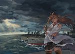  bare_shoulders brown_eyes brown_hair cloud cloudy_sky detached_sleeves haruna_(kantai_collection) headgear hiei_(kantai_collection) kantai_collection kirishima_(kantai_collection) kongou_(kantai_collection) long_hair nontraditional_miko ocean pleated_skirt ribbon-trimmed_sleeves ribbon_trim ship skirt sky smile solo sunlight thighhighs watercraft z.i 