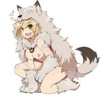  1girl :d absurdres alternate_costume animal_costume bandages berserker_(granblue_fantasy) blonde_hair body_blush breasts brown_eyes collarbone djeeta_(granblue_fantasy) full_body gloves granblue_fantasy highres medium_breasts nipples nude one_knee open_mouth paw_gloves paw_shoes paws shoes short_hair simple_background smile sollyz solo white_background wolf_costume wolf_paws 