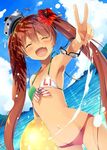  :d ahoge armpits ball beachball bikini blush brown_hair closed_eyes commentary_request day fang flat_chest flower hair_flower hair_ornament hibiscus kantai_collection libeccio_(kantai_collection) long_hair natsume_eri navel open_mouth smile solo swimsuit twintails v very_long_hair 