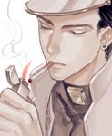  black_hair cigarette closed_eyes coat earrings face hat highres holding jewelry jojo_no_kimyou_na_bouken kuujou_joutarou lighter male_focus smoke smoking solo stud_earrings supocon turtleneck zippo_(object) 