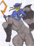  2012 belt black_fur bottomless cheek_tuft clothed clothing dragonheart07 featureless_crotch fluffy fluffy_tail fur gloves grey_fur hook jaeh looking_at_viewer mammal multicolored_fur olive_eyes on_hind_legs partially_clothed procyonid procyonid_taur raccoon raccoon_taur ringtail signature simple_background sly_cooper sly_cooper_(series) smile suggestive taur traditional_media_(artwork) tuft two_tone_fur video_games wand white_background 