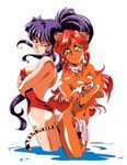  animal_ears ass cat_ears cat_tail crossed_arms dark_skin dragon_pink green_eyes high_ponytail long_hair looking_at_viewer lowres multiple_girls navel non-web_source official_art pierce_(dragon_pink) pink_(dragon_pink) pink_hair purple_eyes purple_hair simple_background tail wading white_background 