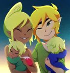  1girl baby bare_shoulders blonde_hair blue_eyes couple dark_skin family hetero if_they_mated link one_eye_closed pointy_ears rei_(suzuyajuuzou) short_hair smile strapless tetra the_legend_of_zelda the_legend_of_zelda:_the_wind_waker tubetop 