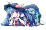  all_fours ass bad_id bad_pixiv_id bangs black_hat blue_hair blue_skirt bow bowtie closed_mouth eyebrows eyebrows_visible_through_hair food frilled_skirt frills fruit full_body hands_on_own_cheeks hands_on_own_face hat head_rest head_tilt hinanawi_tenshi leaf long_hair looking_at_viewer maru_daizu_(aqua6233) mouth_hold no_shoes peach puffy_short_sleeves puffy_sleeves rainbow_order red_bow red_eyes red_neckwear shirt short_sleeves simple_background skirt smile socks solo touhou tupet white_background white_legwear white_shirt 