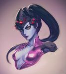  black_hair bodysuit breasts center_opening eyebrows eyelashes head_mounted_display high_ponytail highres lips lipstick long_hair looking_at_viewer makeup no_bra nose overwatch pink_bodysuit ponytail purple_skin raikoart revision sideboob small_breasts solo upper_body very_long_hair widowmaker_(overwatch) yellow_eyes 