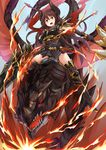  absurdres armor bad_id bad_pixiv_id belt black_legwear boots bow bowtie breastplate breathing_fire broken_armor brown_hair dragon draph elbow_gloves elusya fire forte_(shingeki_no_bahamut) gloves granblue_fantasy highres horns lance long_hair open_mouth pauldrons pointy_ears polearm red_eyes red_scarf riding scarf shingeki_no_bahamut skirt thigh_boots thighhighs weapon 