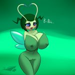  2016 antennae anthro anthrofied big_breasts blue_eyes blush breasts camel_toe celebi clothed clothing dialogue english_text green_background green_hair green_skin hair hi_res huge_breasts insect_wings lactating latiar legendary_pok&eacute;mon long_hair nintendo open_mouth pok&eacute;mon pok&eacute;morph pussy_juice signature simple_background text video_games wide_hips wings 
