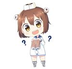  ? brown_hair chibi commentary_request dress food headgear kantai_collection open_mouth sailor_collar sailor_dress school_uniform serafuku short_hair simple_background solo sparkle tunamayochan white_background yellow_eyes yukikaze_(kantai_collection) 