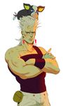  animal animal_on_head bandaged_hands bandages bandaid bandaid_on_nose blue_eyes crossed_arms dirty dog fart food frown fruit highres iggy_(jojo) index_finger_raised jean_pierre_polnareff jojo_no_kimyou_na_bouken male_focus md5_mismatch muscle on_head orange pouch sweat tail_wagging tariah_furlow white_background white_hair 