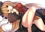  ass_visible_through_thighs black_dress blonde_hair breasts chinese_clothes detached_sleeves dress hat janne_cherry junko_(touhou) knee_up long_hair long_sleeves looking_at_viewer lying mature medium_breasts no_bra no_panties on_back red_eyes shaded_face sideboob solo tabard touhou very_long_hair wide_sleeves 