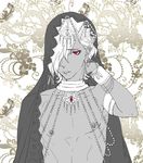  1boy alternate_costume arm_up babo_(artist) bracer cape choker closed_mouth dark_skin diabolik_lovers earrings eyelashes flat_color floral_print flower hair_over_one_eye jewelry leaves looking_at_viewer male_focus monochrome necklace nipples red_eyes sakamaki_subaru shirtless simple_background solo spot_color upper_body white_background 