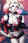  batman_(series) blonde_hair blue_eyes breasts dc_comics harley_quinn highres large_breasts lipstick long_hair makeup midriff multicolored_hair navel shorts smile solo stanley_lau suicide_squad twintails 