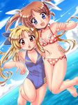  bikini blonde_hair blue_eyes brown_hair casual_one-piece_swimsuit fate_testarossa highres lyrical_nanoha mahou_shoujo_lyrical_nanoha multiple_girls one-piece_swimsuit polka_dot polka_dot_bikini red_eyes swimsuit takamachi_nanoha twintails zan_nekotama 