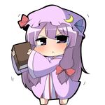  :&lt; blue_ribbon blush book bow capelet chibi closed_mouth crescent double_bun dress full_body hair_between_eyes hair_bow hair_ornament hair_ribbon hat hat_ribbon holding holding_book long_hair looking_at_viewer mob_cap patchouli_knowledge purple_eyes purple_hair red_ribbon ribbon solo striped striped_dress tears touhou trembling tress_ribbon twumi v-shaped_eyebrows very_long_hair wide_sleeves 
