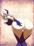  1girl all_fours ass bare_shoulders blonde_hair blush bodysuit boku_no_hero_academia breasts cameltoe deep_skin domino_mask from_behind horns huge_ass large_breasts layerth long_hair looking_at_viewer looking_back mount_lady one_eye_closed parted_lips red_eyes shiny shiny_hair sideboob skin_tight solo wink 