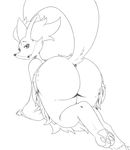  2016 all_fours anthro big_butt bottomless butt canine clothed clothing delphox female fox fur half-closed_eyes hi_res inner_ear_fluff kamikitsu looking_at_viewer looking_back mammal monochrome nintendo open_mouth pawpads pok&eacute;mon raised_tail simple_background solo teeth tongue video_games white_background 