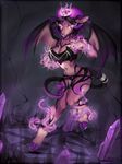  2016 anthro big_breasts black_nose breasts brown_fur cave chest_piercing clothed clothing crown ear_piercing facial_markings fangs female fire fur hi_res hooves inside magic magic_circle markings membranous_wings navel piercing purple_eyes purple_fur skimpy solo unknown_species vexstacy wings 
