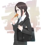  bag blue_eyes brown_hair corndog eating food formal from_side holding holding_food ketchup long_hair long_sleeves low_ponytail mustard okiru original ponytail solo suit 