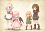  &gt;:) :d apron arinu bat_wings black_hair black_skirt blonde_hair blue_eyes boots bow braid commentary_request crossover fang full_body girls_und_panzer green_jacket hair_bow hat high_heels holding_hands izayoi_sakuya jacket katyusha lavender_hair long_hair long_sleeves maid_headdress mary_janes military military_uniform miniskirt mob_cap multiple_girls nonna open_mouth pleated_skirt pravda_military_uniform red_eyes red_shirt remilia_scarlet shirt shoes short_jumpsuit silver_hair skirt smile touhou turtleneck twin_braids uniform v-shaped_eyebrows vest wings 