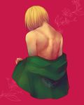  androgynous armin_arlert blonde_hair chromatic_aberration emblem eunnieboo facing_away from_behind jacket looking_down male_focus red_background scar shingeki_no_kyojin solo survey_corps_(emblem) undressing upper_body 