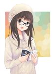  :d aran_sweater beret black-framed_eyewear book brown_eyes brown_hair glasses hat head_tilt highres holding holding_book looking_at_viewer okiru open_book open_mouth original smile solo sweater upper_body 