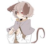  animal_ears blouse blush capelet earrings embarrassed fingers_together frown grey_hair jewelry long_sleeves looking_at_viewer mouse_ears mouse_tail namataro nazrin red_eyes short_hair solo sweatdrop tail tareme touhou upper_body white_background 