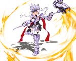  adapted_costume armor blush breastplate full_body gauntlets genderswap genderswap_(mtf) greaves hat highres loincloth overwatch pauldrons reinhardt_(overwatch) ribbon sigma_(alcmener) solo standing standing_on_one_leg thighhighs thrusters twintails warhammer weapon white_hair yellow_eyes 