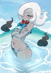  2015 black_sclera blue_eyes blush bow breasts butt clothed clothing darkrai darkraifu female grey_skin hair hi_res humanoid legendary_pok&eacute;mon lightsource navel nintendo pok&eacute;mon simple_background solo swimsuit video_games water wet white_hair 