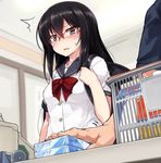  1girl bag basket black_eyes black_hair blush breasts commentary_request condom_box glasses long_hair null_(nyanpyoun) open_mouth original school_bag school_uniform serafuku shop shopping_basket small_breasts solo_focus sweatdrop translation_request 