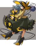  blouse blue_eyes boots bow dated ear_piercing frills full_body grin hair_over_one_eye hat hat_bow high_heel_boots high_heels highres komeiji_koishi long_hair long_sleeves looking_at_viewer namataro phone piercing silhouette silver_hair skirt smile solo third_eye touhou wide_sleeves 