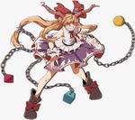  ball_and_chain blonde_hair blouse boots bow chain fingernails full_body grin hair_bow highres horn_ribbon horns ibuki_suika long_hair looking_at_viewer namataro neck_ribbon oni red_eyes ribbon sharp_fingernails skirt smile solo torn_clothes torn_sleeves touhou white_background wrist_cuffs 