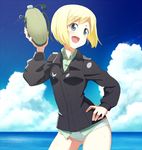  blonde_hair blue_eyes canteen cloud contrapposto cowboy_shot day erica_hartmann film_grain hand_on_hip hand_up holding horizon looking_to_the_side ocean open_mouth pose shiratama_(hockey) short_hair sky smile solo standing strike_witches texture uniform water world_witches_series 