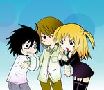  2boys amane_misa artist_request bags_under_eyes bangs chibi death_note highres l_(death_note) multiple_boys thighhighs two_side_up yagami_light 