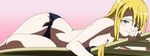  absurdres bikini blonde_hair blush dual_monitor green_eyes highres long_image lying mahou_sensei_negima! negativezero side-tie_bikini smile solo swimsuit topless vector_trace wallpaper wide_image yukihiro_ayaka 