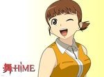  bare_shoulders brown_hair highres higurashi_akane mai-hime mai_hime my-hime ponytail school_uniform smile wink 