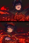  1boy 1girl bangs black_cape black_hair black_headwear black_jacket breasts brother_and_sister cape chain clenched_teeth echo_(circa) family_crest fate/grand_order fate_(series) flower gloves hat jacket jewelry koha-ace long_hair long_sleeves medallion necklace oda_nobukatsu_(fate) oda_nobunaga_(fate) oda_uri open_mouth peaked_cap ponytail popped_collar red_cape red_eyes red_jacket siblings sidelocks small_breasts smile spider_lily teeth very_long_hair white_gloves 