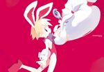  animal_ears blonde_hair bunny_ears bunnysuit harada_takehito himiko_(keiou_yuugekitai) keiou_yuugekitai leotard long_hair megatama multiple_girls nanahikari_rami pink_background red_leotard short_hair tail upside-down white_hair 