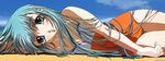  :o absurdres aqua_eyes aqua_hair arm_up armpits bare_arms bare_shoulders blue_sky blush cloud collarbone cowboy_shot day gotou_keiji highres kiddy_grade long_hair looking_at_viewer lumiere lying on_side outdoors parted_lips shiny shiny_skin sky solo strapless strapless_swimsuit swimsuit tan tanline tareme thigh_gap thighs 