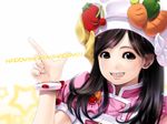  bad_id bad_pixiv_id black_eyes black_hair carrot cherry copyright_request food fruit grin hands highres long_hair smile solo strawberry sumomo_kpa 