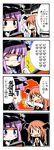  &gt;_&lt; 4koma :&lt; :/ :d ;o arm_up arms_up bangs bat_wings blunt_bangs blush_stickers book bookshelf chibi closed_eyes collared_shirt comic commentary_request dress_shirt hat head_wings holding holding_book koakuma library mob_cap multiple_girls necktie one_eye_closed open_book open_mouth patchouli_knowledge pointing purple_eyes purple_hair reading recurring_image red_eyes red_hair red_neckwear shirt smile touhou translated ushiro_hayahiro vest voile white_shirt wings xd |_| 